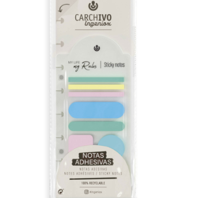 Conjunto de notas adesivas coloridas em embalagem transparente com texto e várias etiquetas coloridas