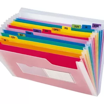 Organizador de pastas plástico transparente com divisórias coloridas rotuladas alfabéticas