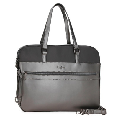 Mala de mão cinza e preta com fecho frontal e alças,