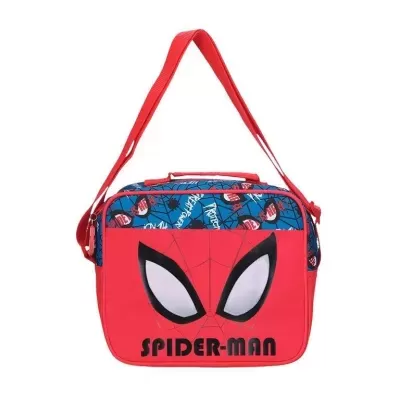 Mala de ombro Spider-Man vermelha e azul com olhos e texto