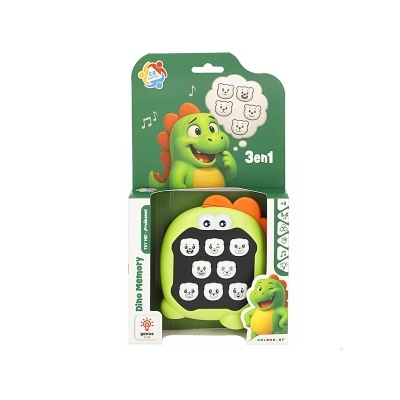 Jogo de memória Dino Memory em caixa com ilustração de dinossauro e botões com expressões de ursos.