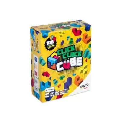 Embalagem amarela do jogo Click Clack Cube da Cayro com cubos coloridos.