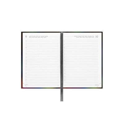 Agenda aberta com páginas para os dias 9 e 10, linhas para anotações e horários, marcador de fita cinza