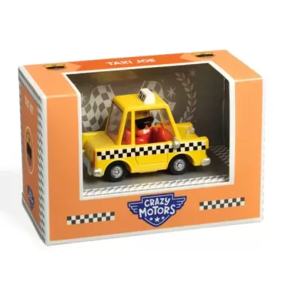 Brinquedo carrinho táxi amarelo na caixa laranja Crazy Motors