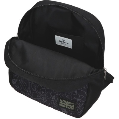 Mala tipo mochila preta com padrão floral e etiqueta Pepe Jeans
