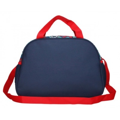 Mala desportiva azul com alças vermelhas e padrão colorido no topo
