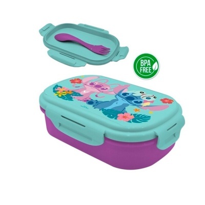Marmita de plástico azul clara e roxa com personagens estampados e garfo-colher roxo