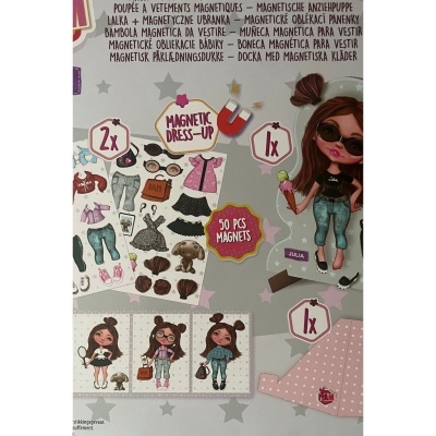 Jogo magnético de vestir para boneca com várias peças e texto informativo
