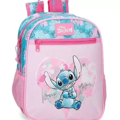 Mochila infantil rosa e azul com estampa do personagem Stitch e bolsos em rede