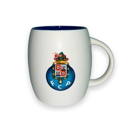 Caneca branca com interior azul e brasão do FCP