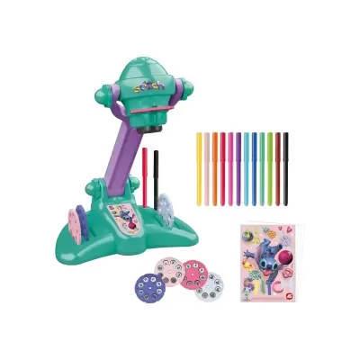 Conjunto de projetor de desenhos animados verde e roxo com marcadores coloridos e acessórios