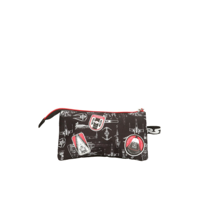 Estojo retangular preto com padrão de equipamentos brancos e detalhes vermelhos