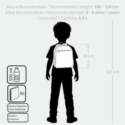 Gráfico de mochila infantil com dados de capacidade e tamanho para crianças