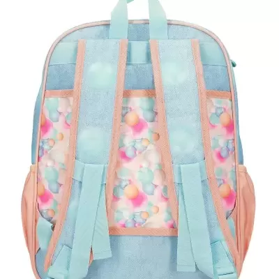 Mochila azul claro com detalhes rosa e padrão de bolhas coloridas