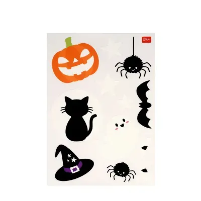 Folha de autocolantes Halloween com abóbora, gato preto, chapéu de bruxa, fantasma e aranhas