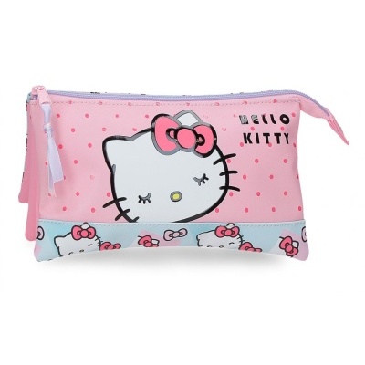 Estojo rosa Hello Kitty com padrão de bolas cor de rosa e ilustrações da personagem
