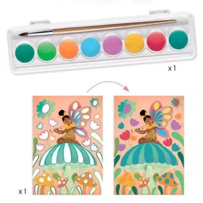 Conjunto de pintura com pincel e desenhos para colorir de fada em cogumelo