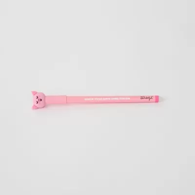 Caneta cor de rosa com tampa de coelho e texto branco e preto