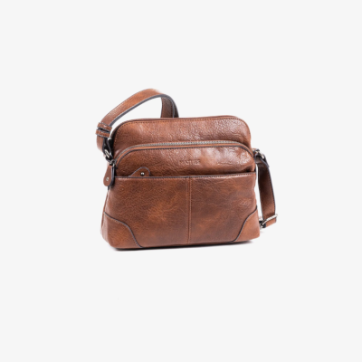 Mala em pele castanha com fecho de correr e bolso frontal