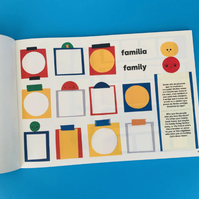 Página de livro infantil com formas coloridas e texto em português e inglês sobre família