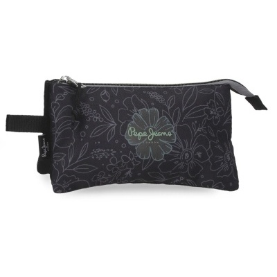 Estojo preto com padrão floral cinzento e etiqueta Pepe Jeans LONDON