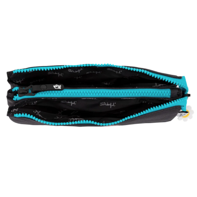 Estojo retangular preto com fecho azul turquesa e interior com padrão
