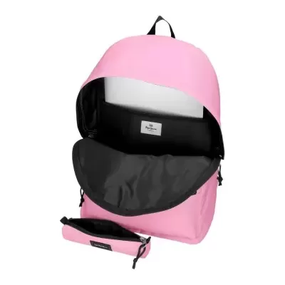 mochila rosa aberta com laptop e estojo rosa