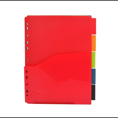 Organizador plástico vermelho com divisórias coloridas e orifícios para fichário