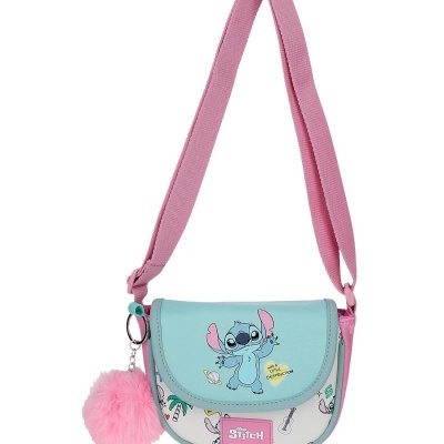 Bolsa de ombro azul e rosa com personagem Stitch e pompom
