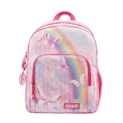 Mochila infantil rosa com borboletas e arco-íris