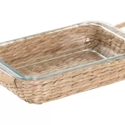 Tabuleiro retangular de vidro numa estrutura de verga tesa natural com pegas laterais