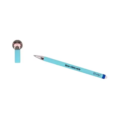 Caneta azul com tampa de morsa sorridente e texto Slow vibes only