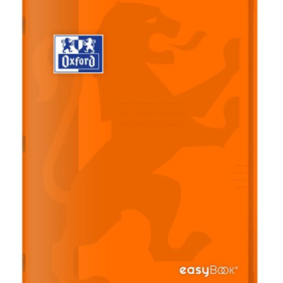 Capa de caderno laranja com logótipo Oxford e texto easyBOOK
