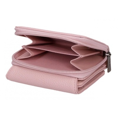 Carteira rosa de couro com zíper aberta mostrando compartimentos internos