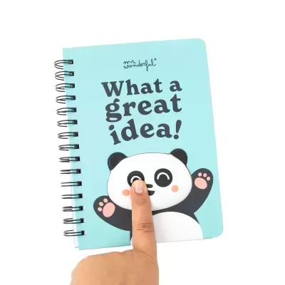 Caderno azul com panda e texto 'What a great idea!'