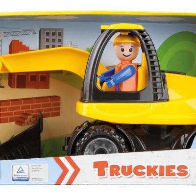 Brinquedo de escavadora amarela com figura de trabalhador dentro de embalagem colorida.