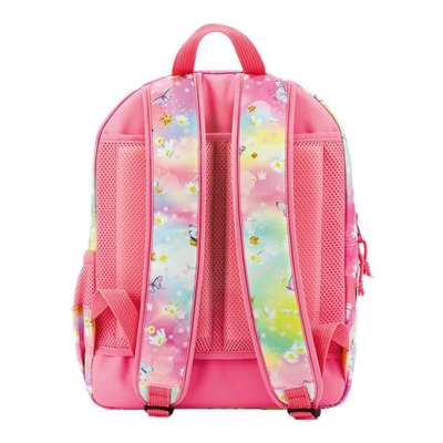 Mochila rosa com padrão de borboletas e flores nas alças acolchoadas