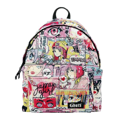 mochila colorida com estampado anime e textos 'Japan girl' e 'Ghuts'