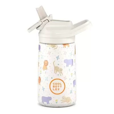 Garrafa infantil com padrões de animais e texto COOL BOTTLES