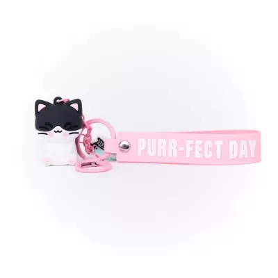 Chaveiro de gato preto e branco com fita rosa e texto PURR-FECT DAY