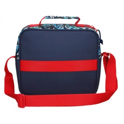 Mala pequena quadrada azul escuro com alça vermelha e pega estampada