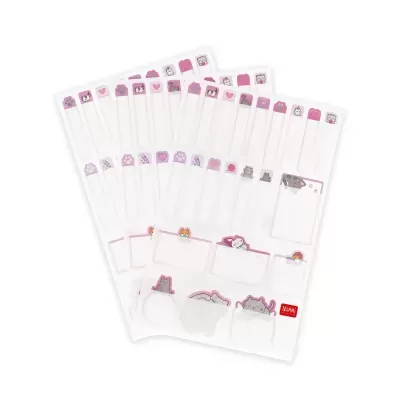 Folhas de autocolantes com desenhos de gatos e símbolos relacionados em rosa e lilás