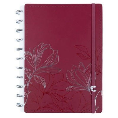 Caderno de argolas vinho com flores prateadas, elástico e argolas metálicas