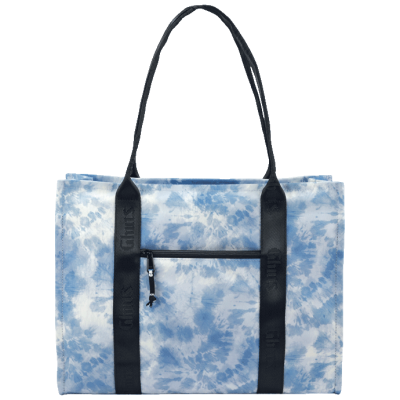 Mala tote azul e branco com alças pretas e bolso frontal