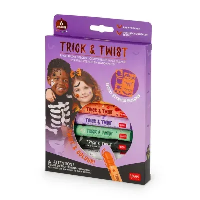 Conjunto de stick de maquilhagem facial Trick & Twist com 6 cores numa caixa roxa com imagens de crianças e gráficos de Halloween