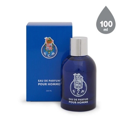 Frasco azul escuro de perfume e caixa azul com logótipo FC Porto e texto de perfume masculino