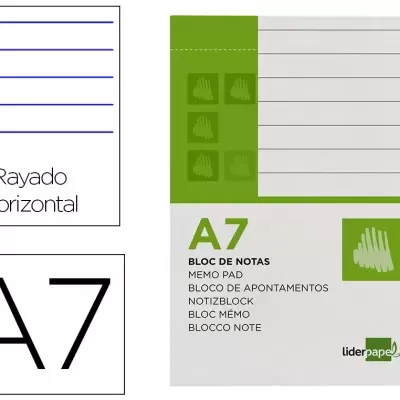 Bloco de notas A7 com capa verde e branco e linhas horizontais azuis