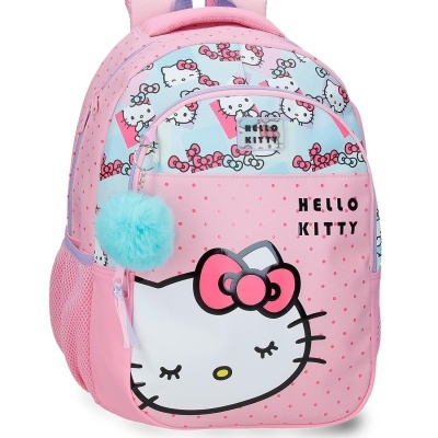 Mochila rosa de Hello Kitty com padrão e pompom azul