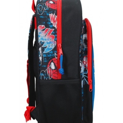 Mochila infantil com padrão de super-heróis azul e vermelho vista lateral