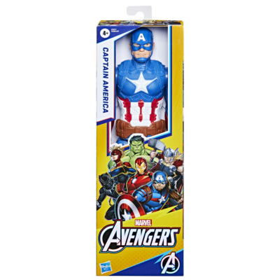 Boneco do Capitão América na caixa Avengers amarela e azul